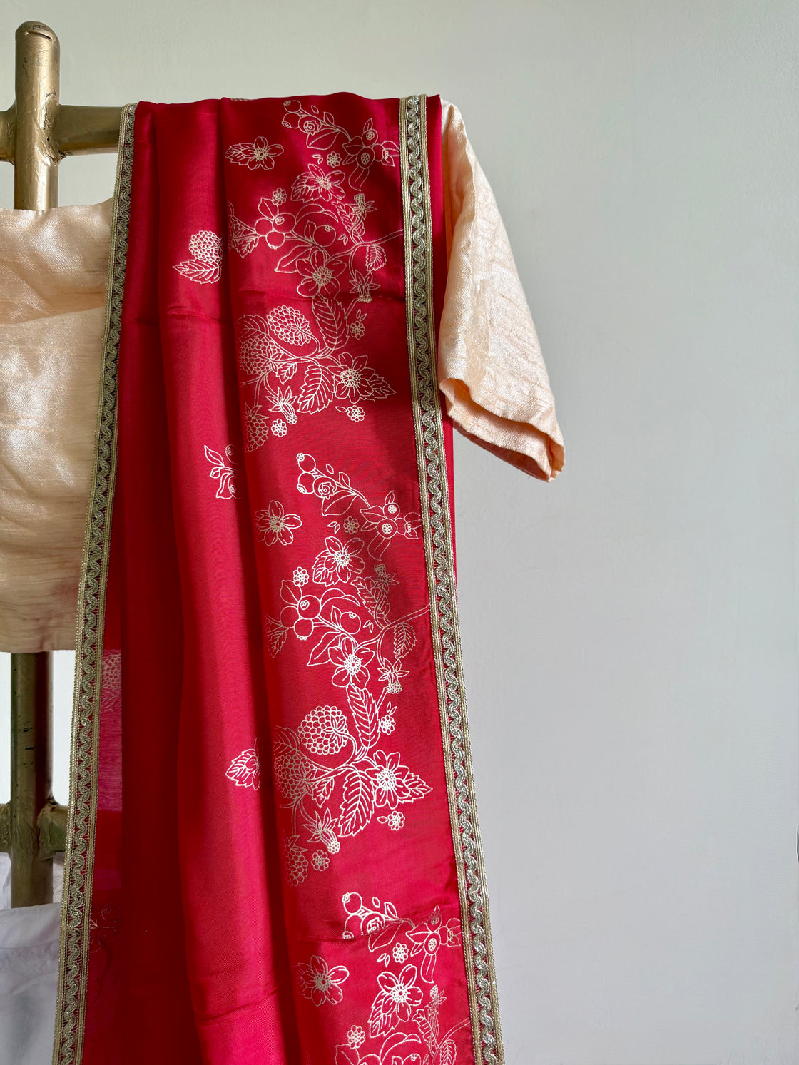 Red Hand Printed  Silk Saree