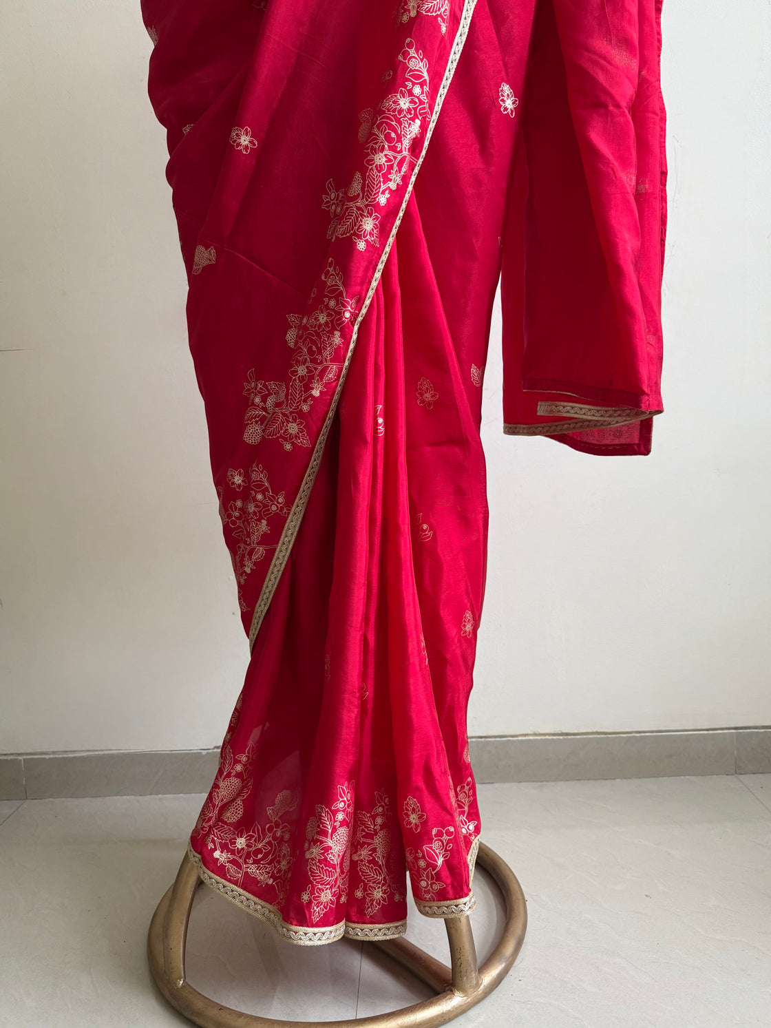Red Hand Printed  Silk Saree