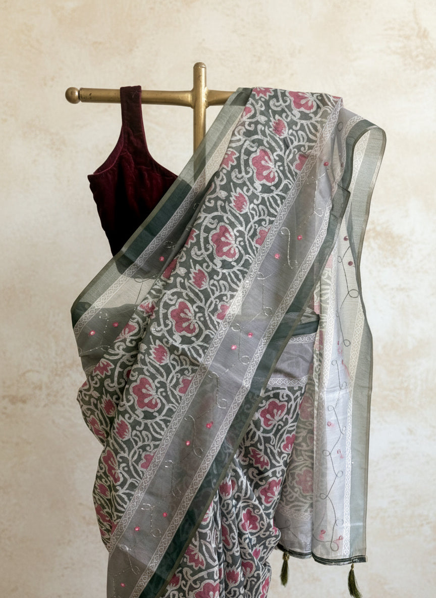 Green floral batik print silk saree