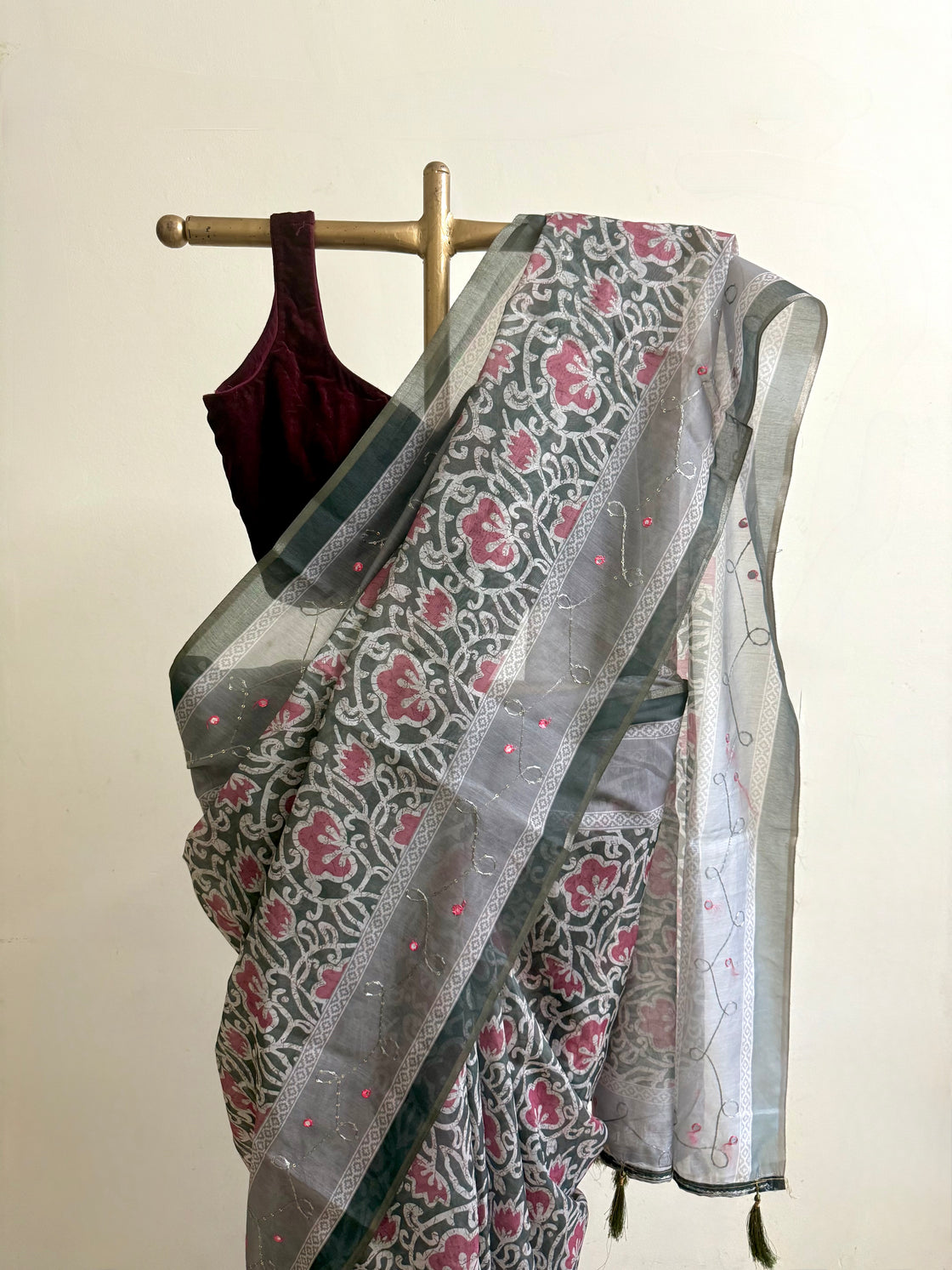 Green floral batik print silk saree