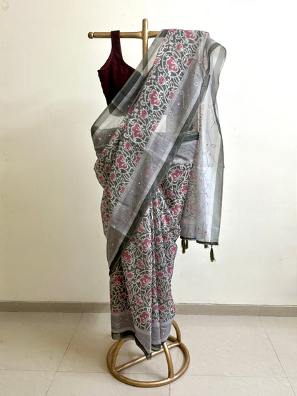 Green floral batik print silk saree
