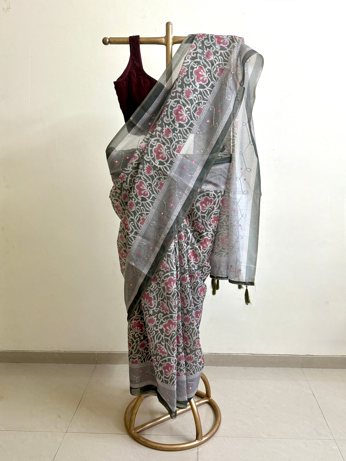 Green floral batik print silk saree