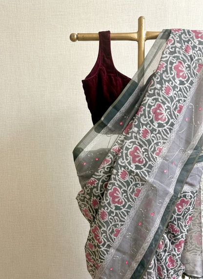 Green floral batik print silk saree