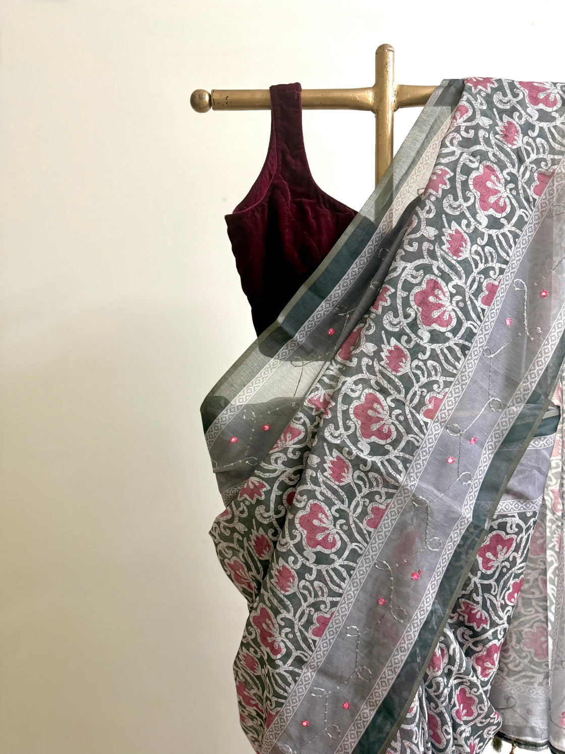 Green floral batik print silk saree