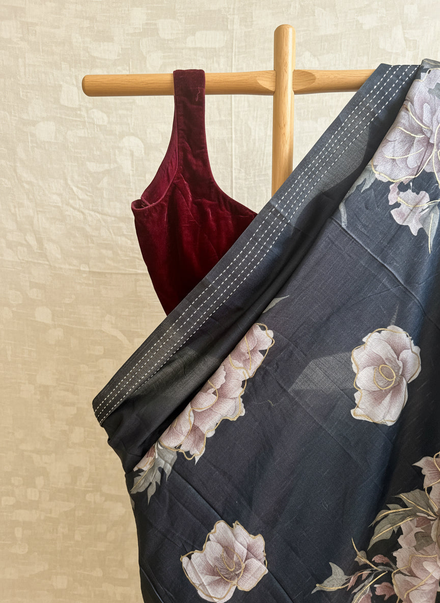 Bluish-black floral saree