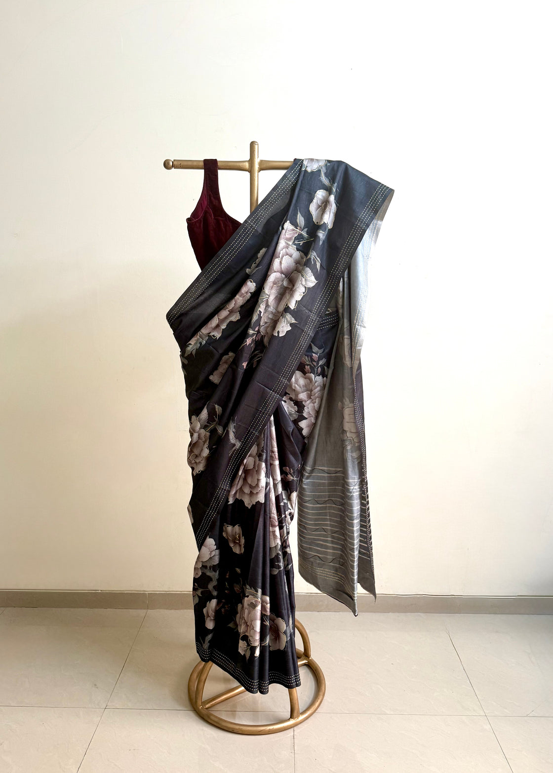 Bluish-black floral saree
