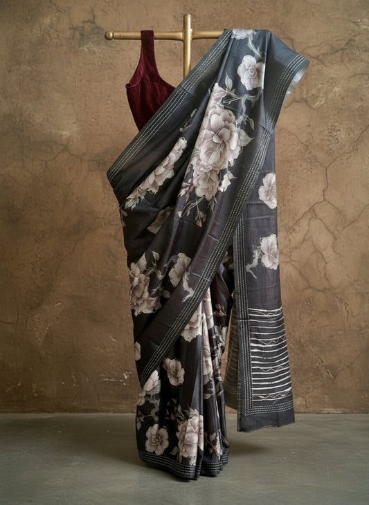 Bluish-black floral saree