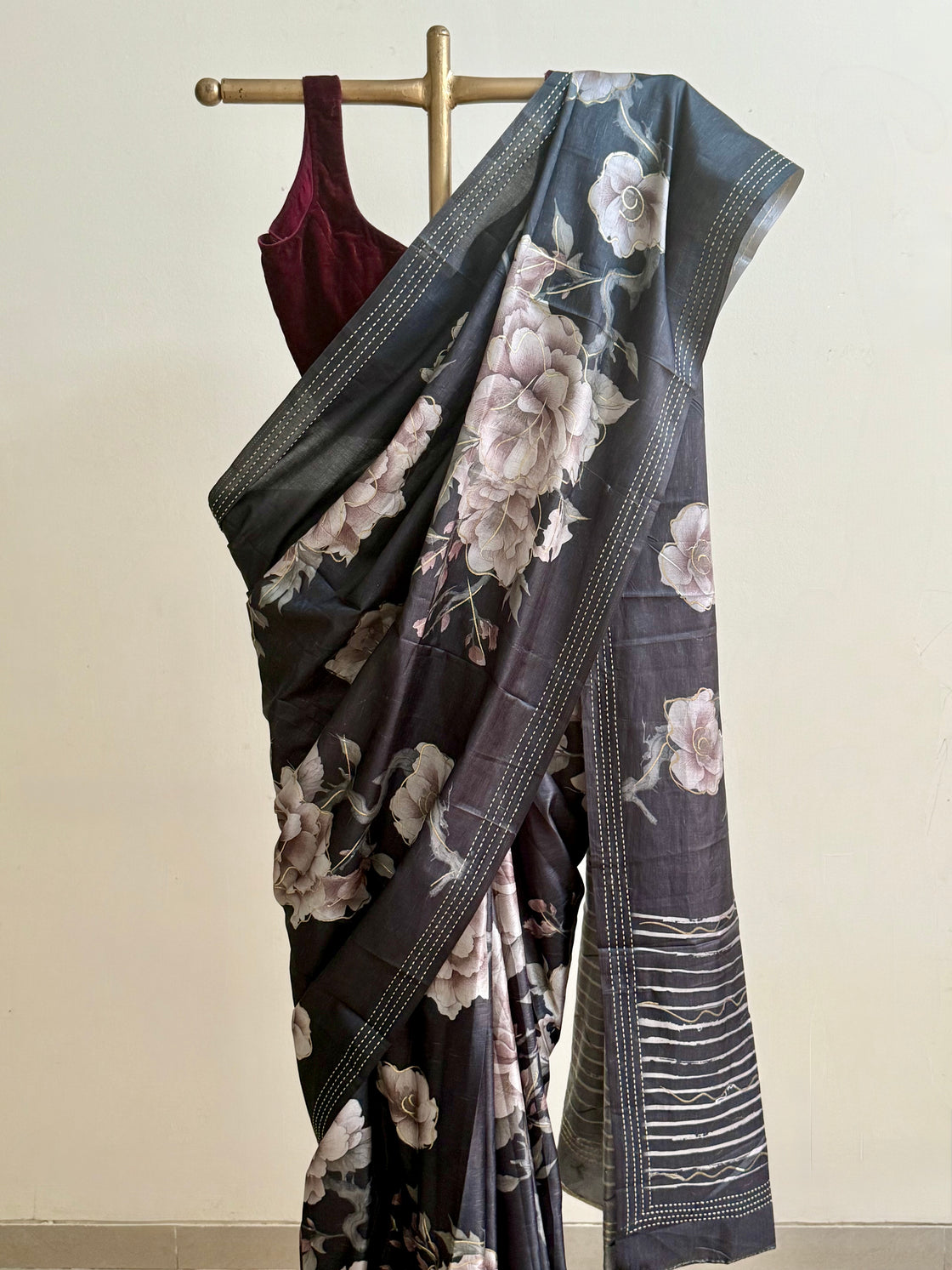 Bluish-black floral saree