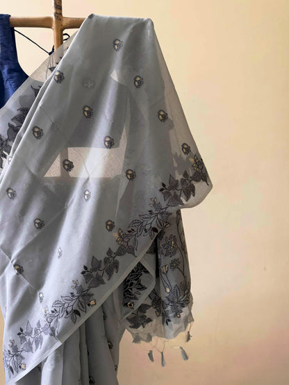 Grey Chanderi Jamdani saree