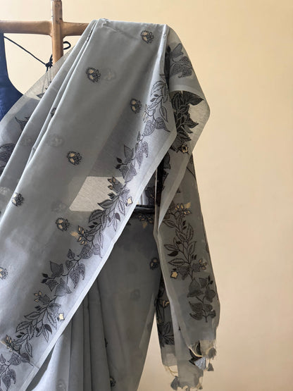 Grey Chanderi Jamdani saree