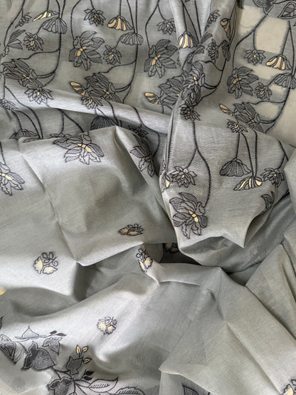 Grey Chanderi Jamdani saree