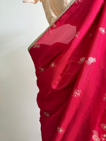 Red hand blockprinted Silk Saree