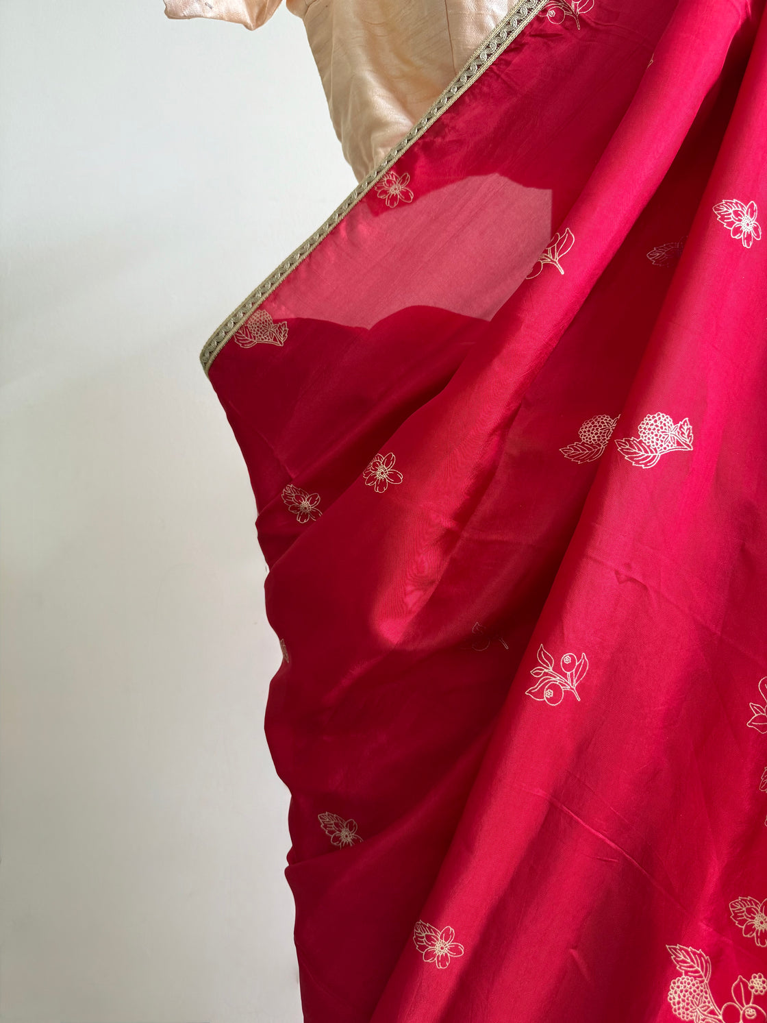 Red Hand Printed  Silk Saree