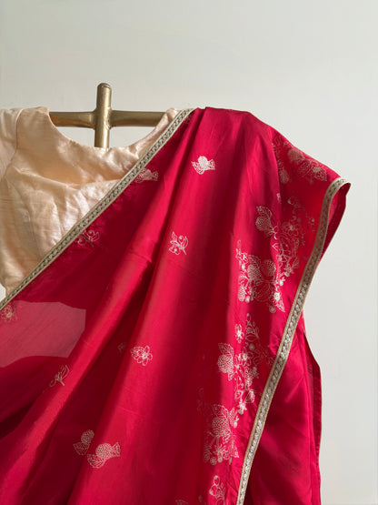 Red hand blockprinted Silk Saree