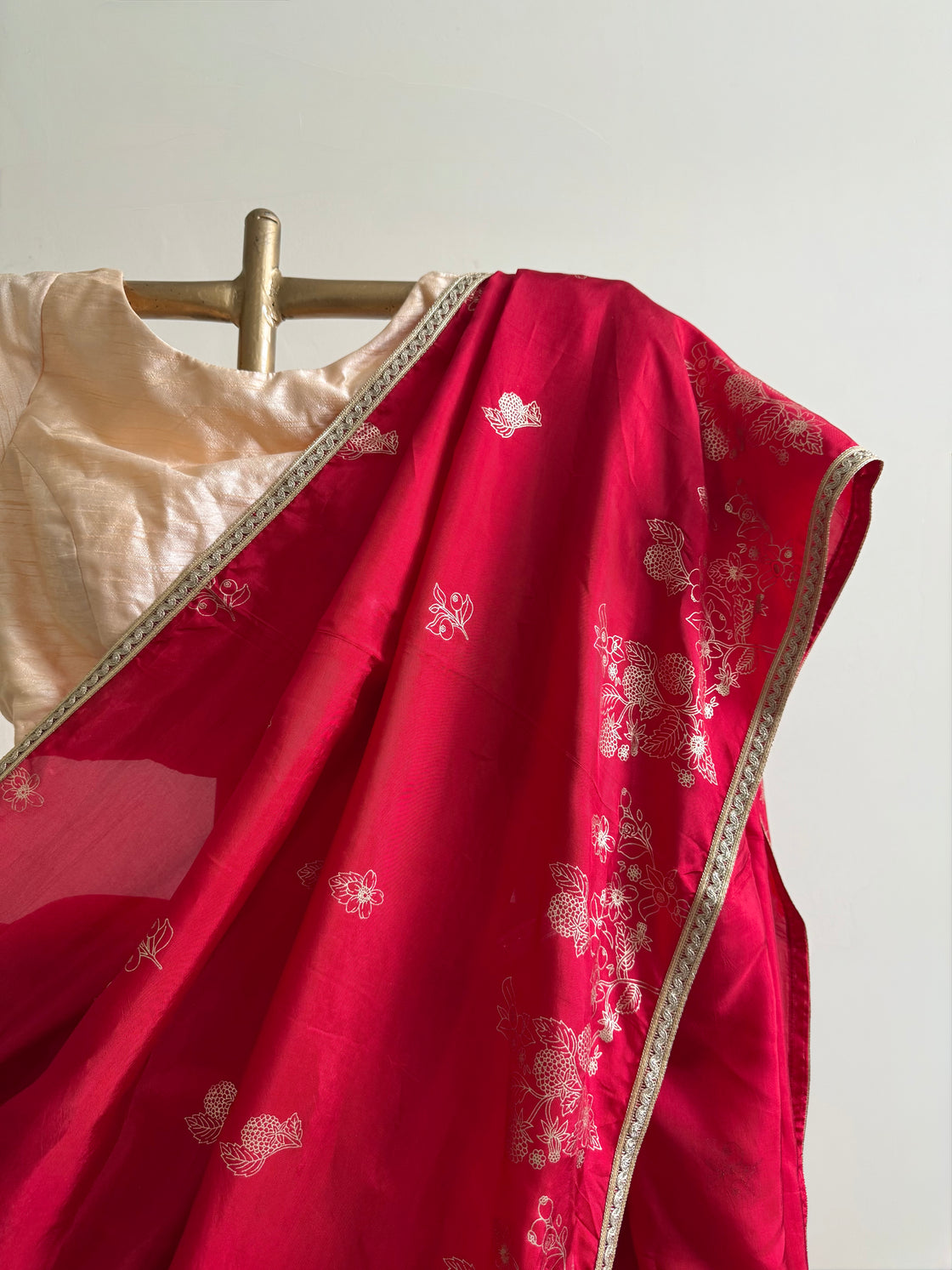 Red Hand Printed  Silk Saree