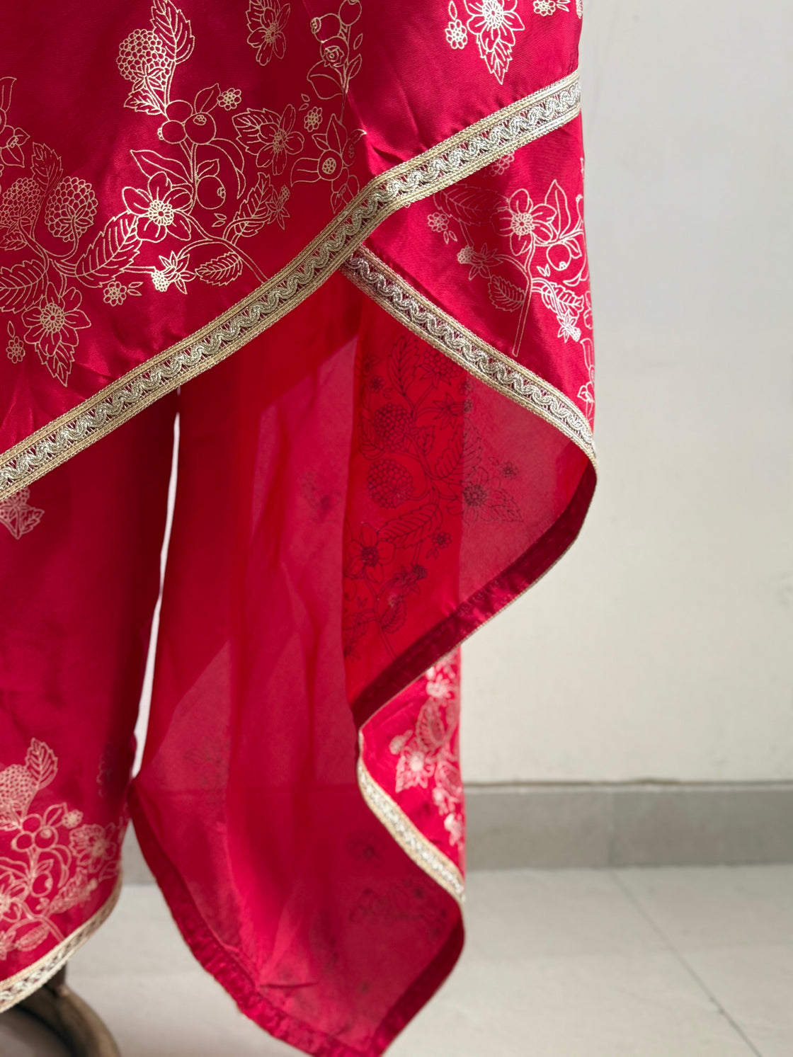 Red Hand Printed  Silk Saree