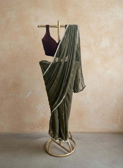 Olive Green Appliqué Saree
