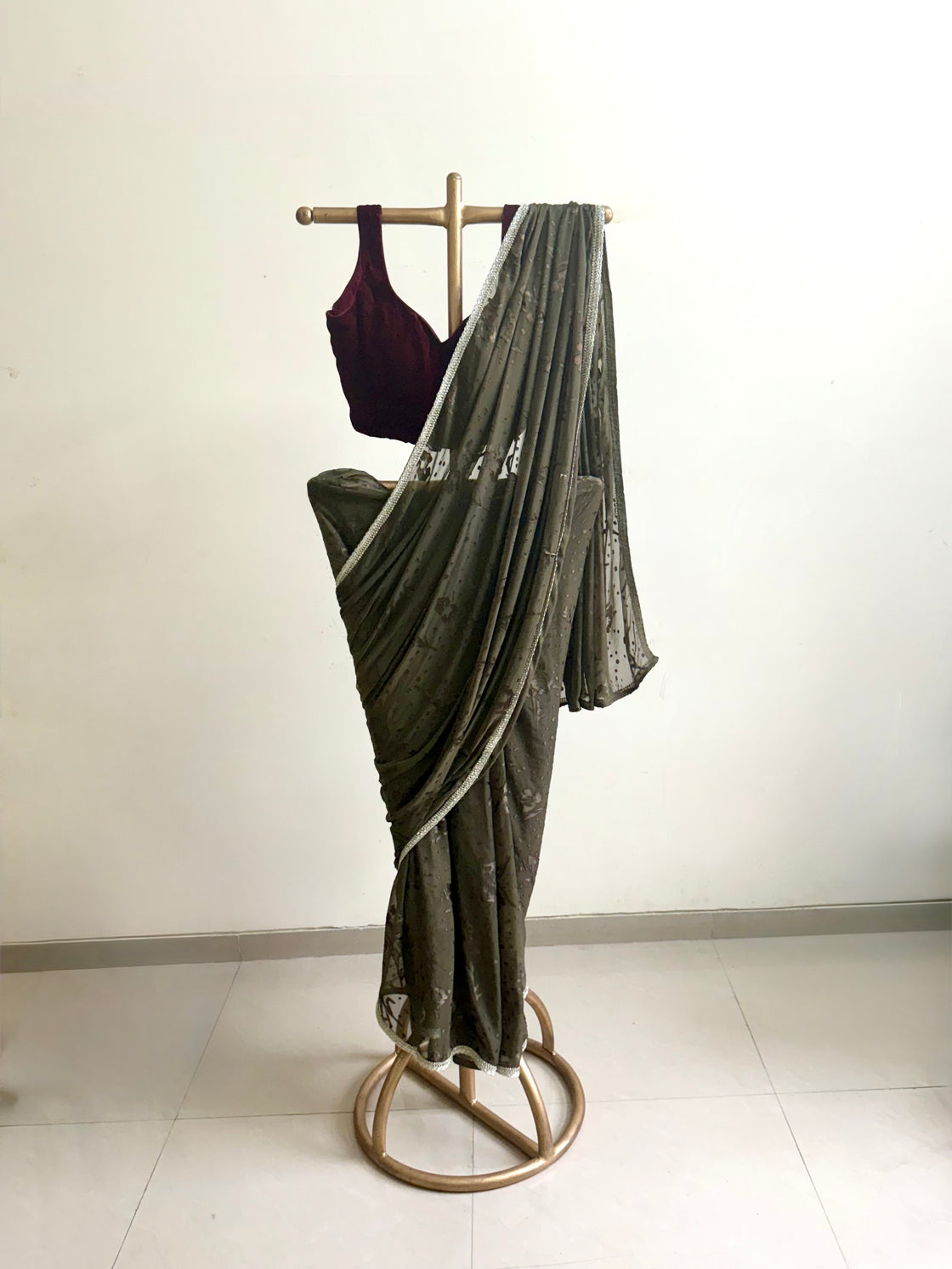 Olive Green Appliqué Saree