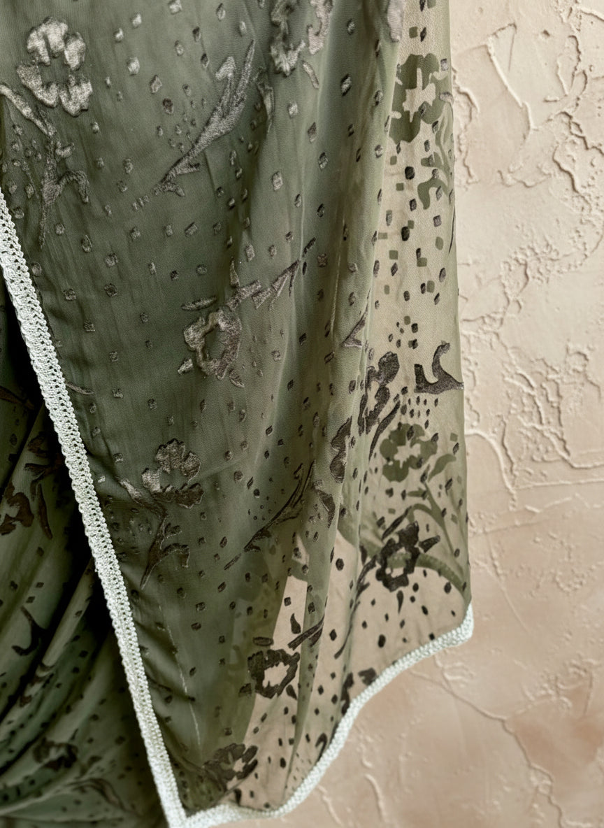 Olive Green Appliqué Saree