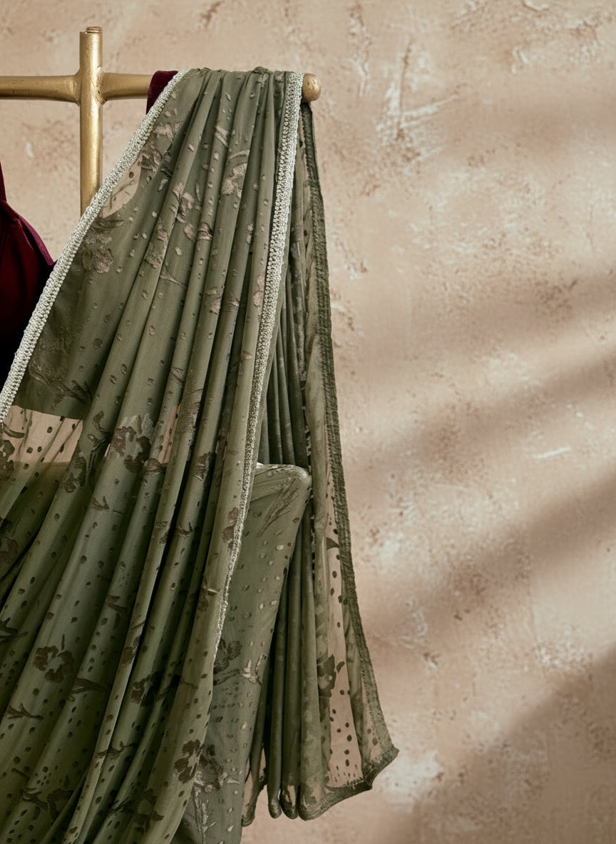 Olive Green Appliqué Saree