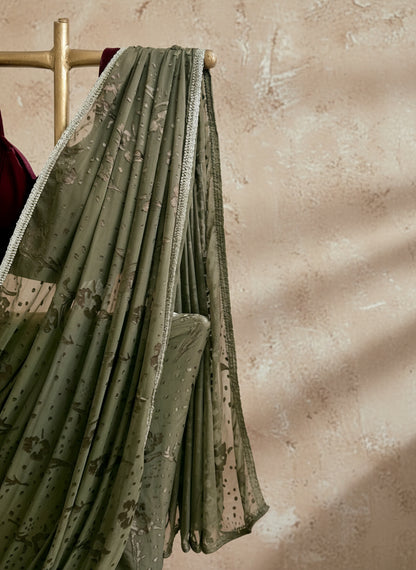 Olive Green Appliqué Saree
