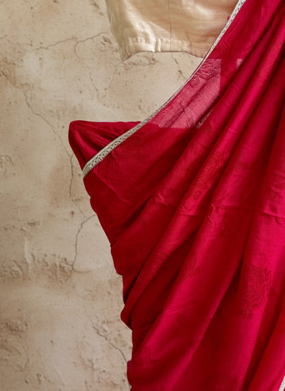 Red rose self print silk Saree