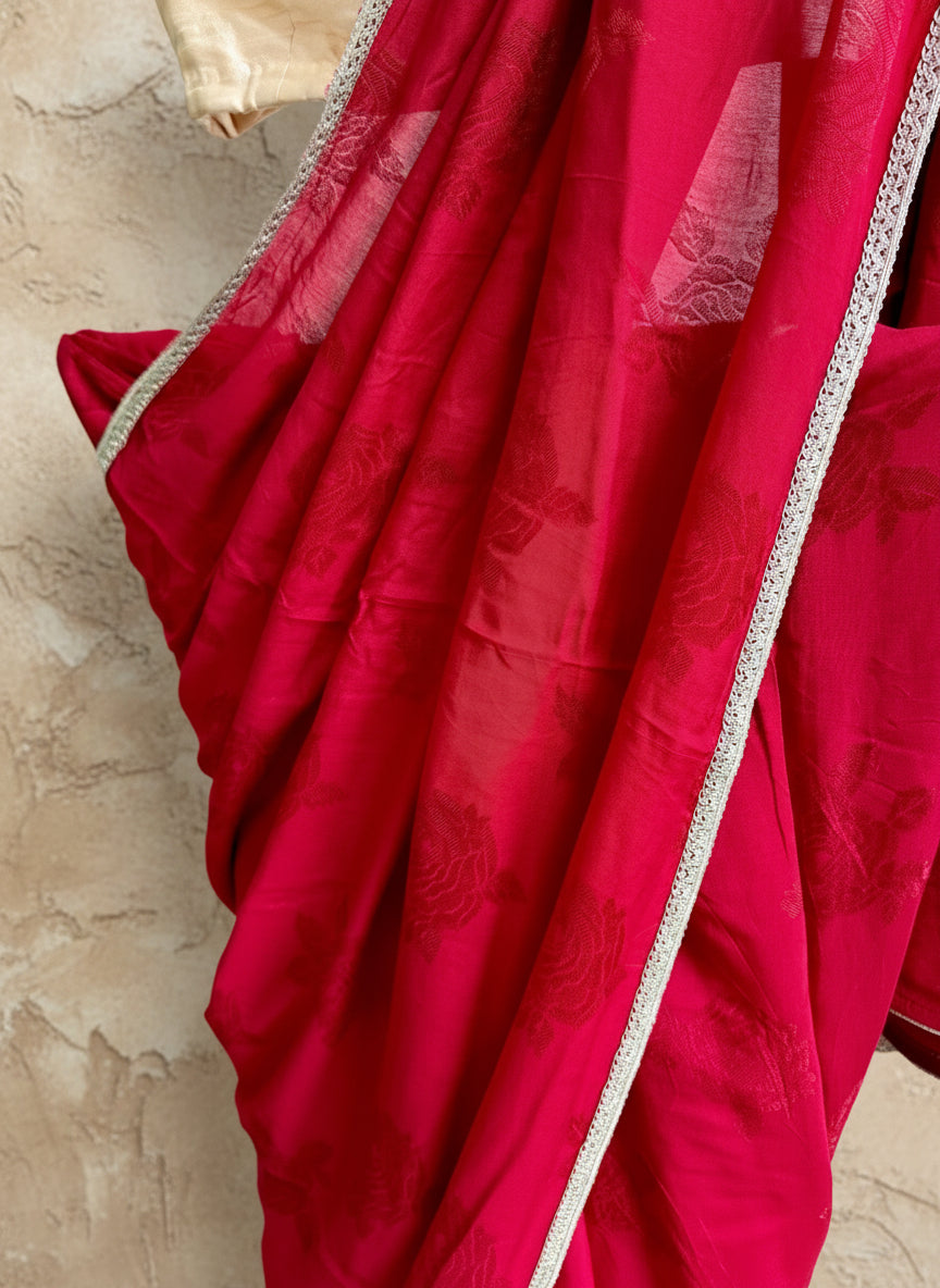 Red rose self print silk Saree