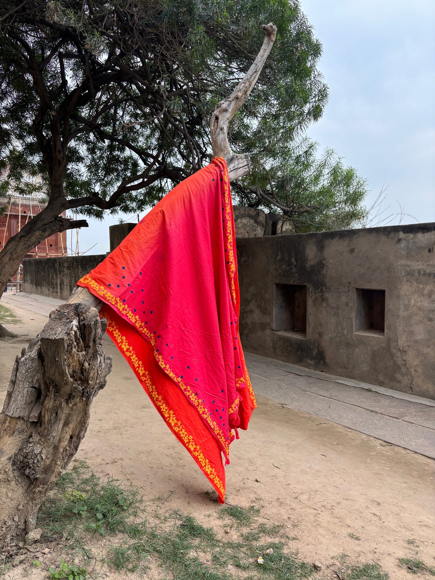 Orange pink blockprinted mulmul saree