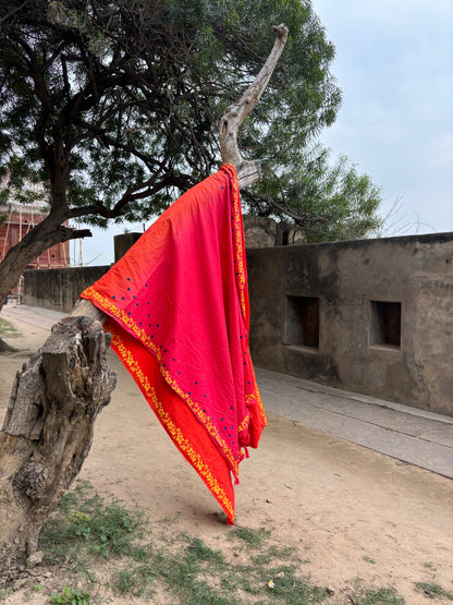 Orange pink blockprinted mulmul saree
