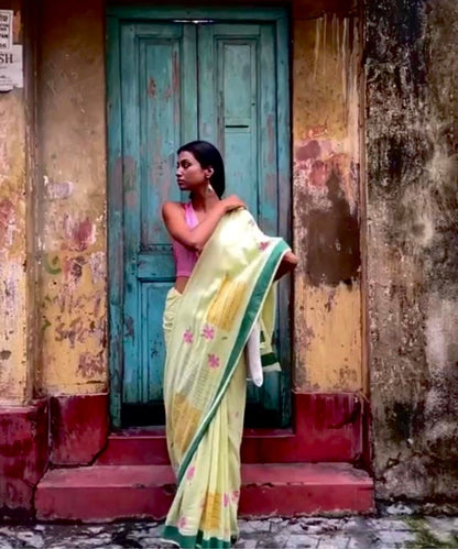 Sage green blockprinted fine cotton saree