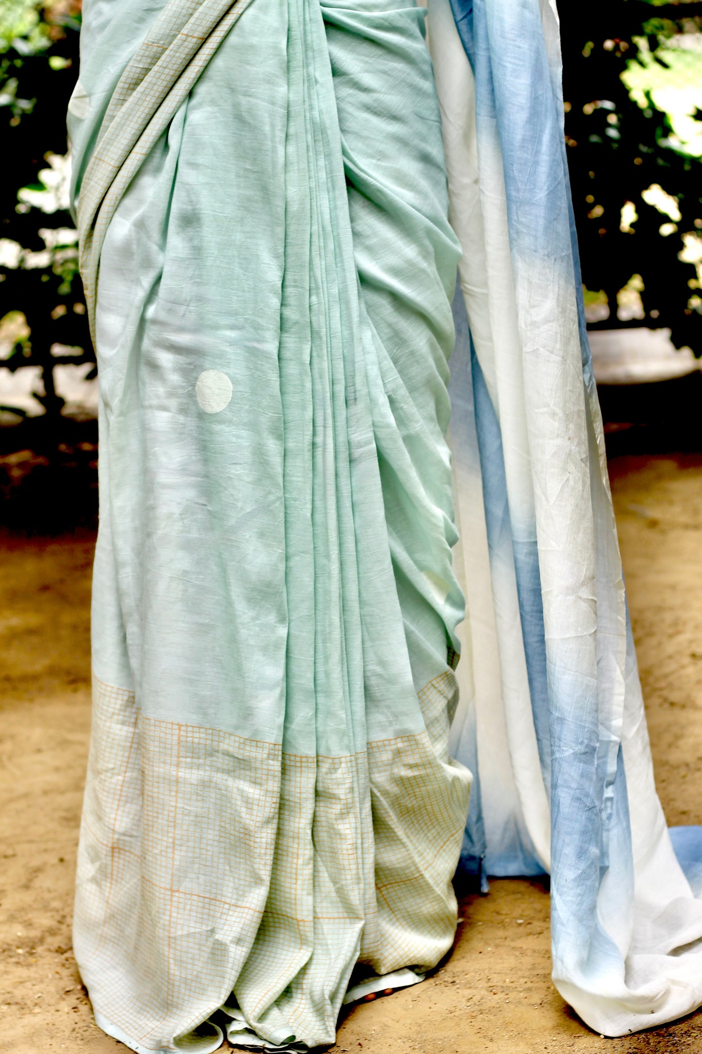 Blue endless summer block printed mulmul saree