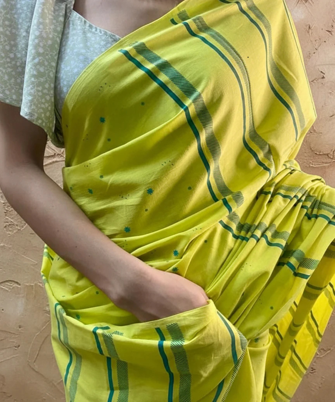 Neon yellow hand blockprinted cotton mulmul saree