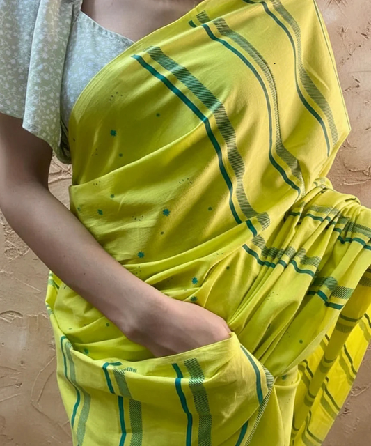 Neon yellow hand blockprinted cotton mulmul saree
