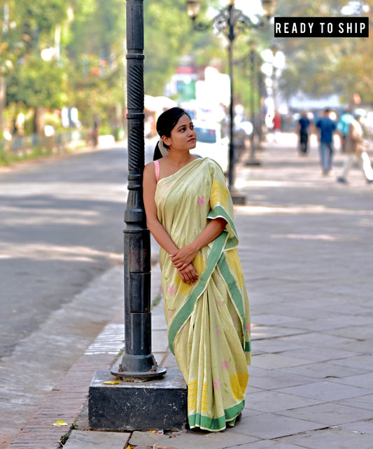 Sage green blockprinted fine cotton saree