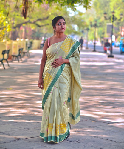 Sage green blockprinted fine cotton saree