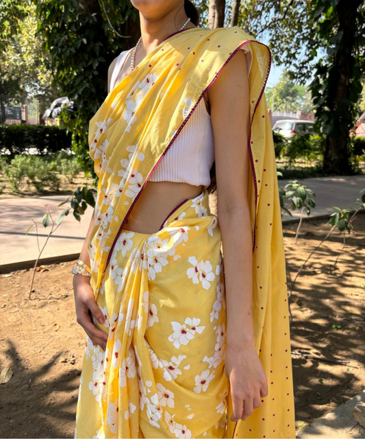 Yellow summer child block printed mulmul saree
