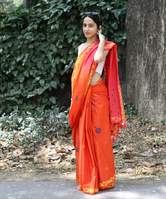 Orange pink blockprinted mulmul saree