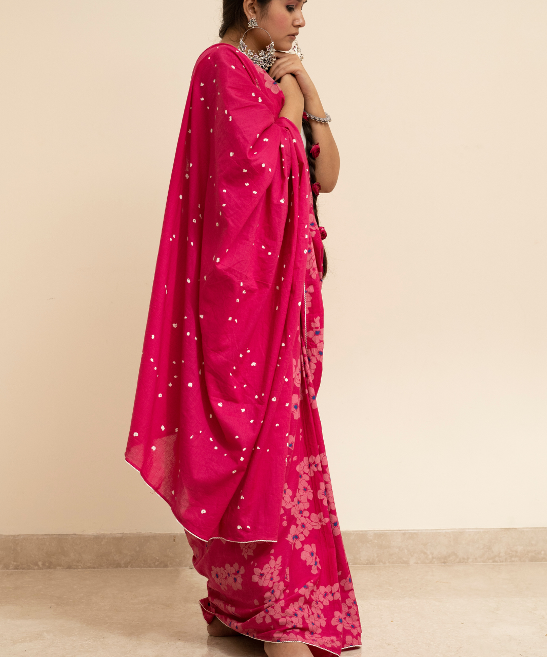 Pink blockprinted cotton mulmul saree