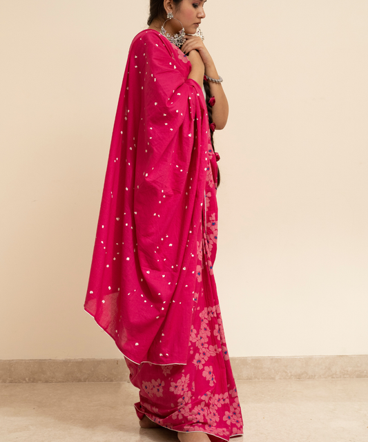 Pink blockprinted cotton mulmul saree
