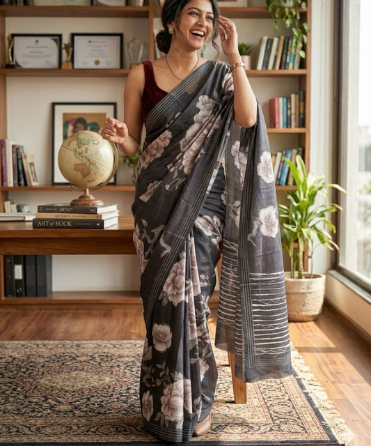 Bluish-black floral saree
