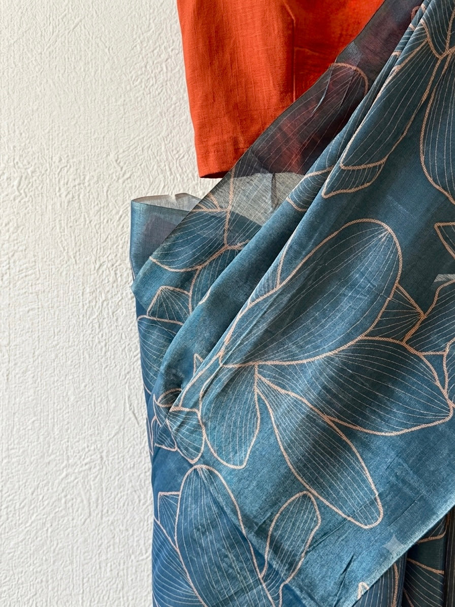 Dusk blue Floral Tussar silk saree