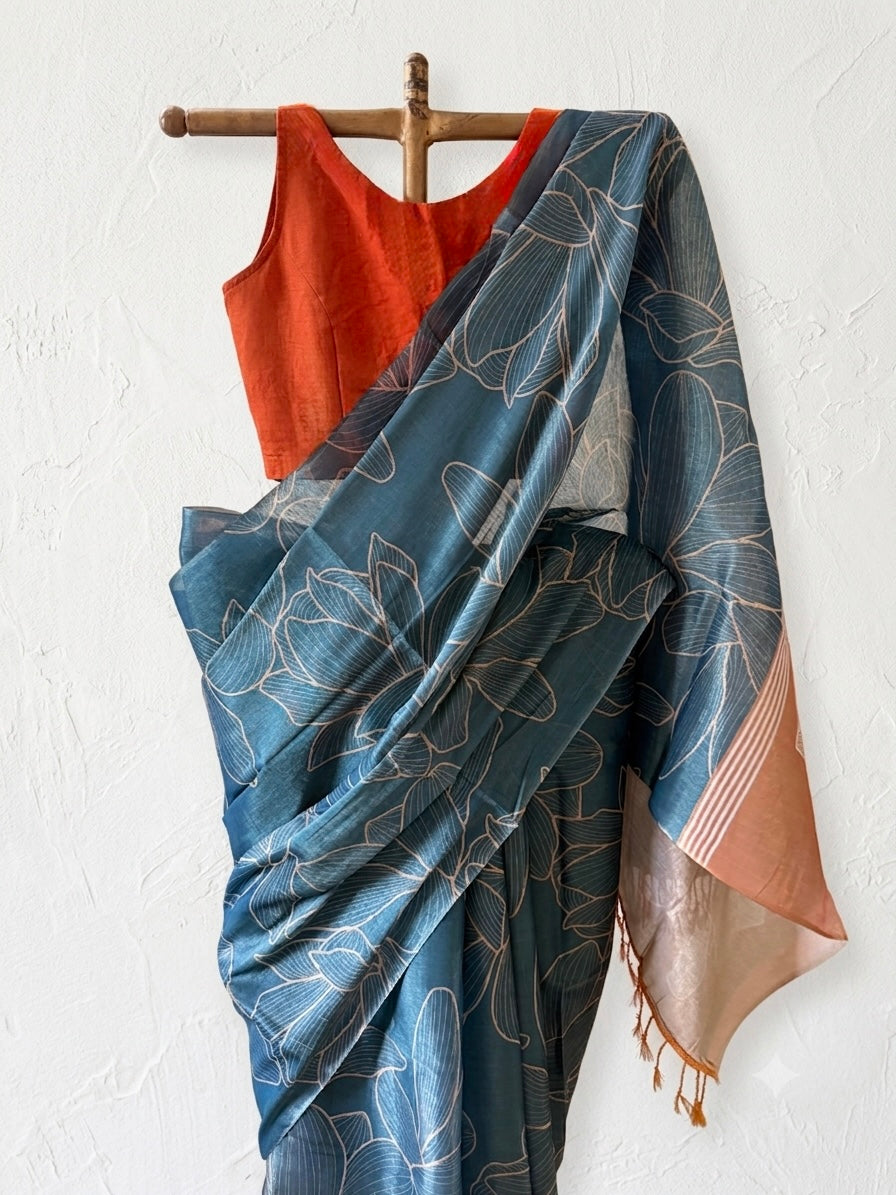 Dusk blue Floral Tussar silk saree