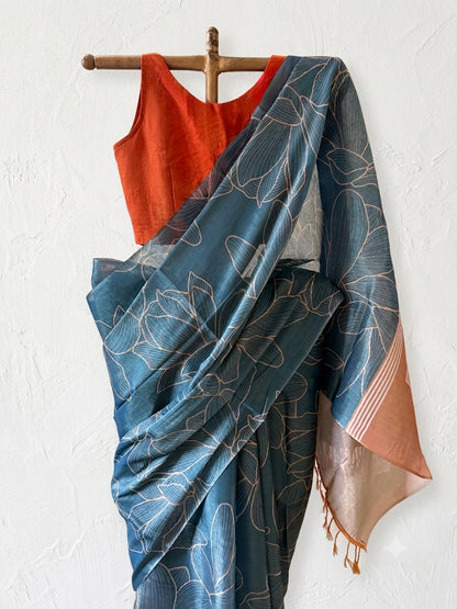 Dusk blue Floral Tussar silk saree
