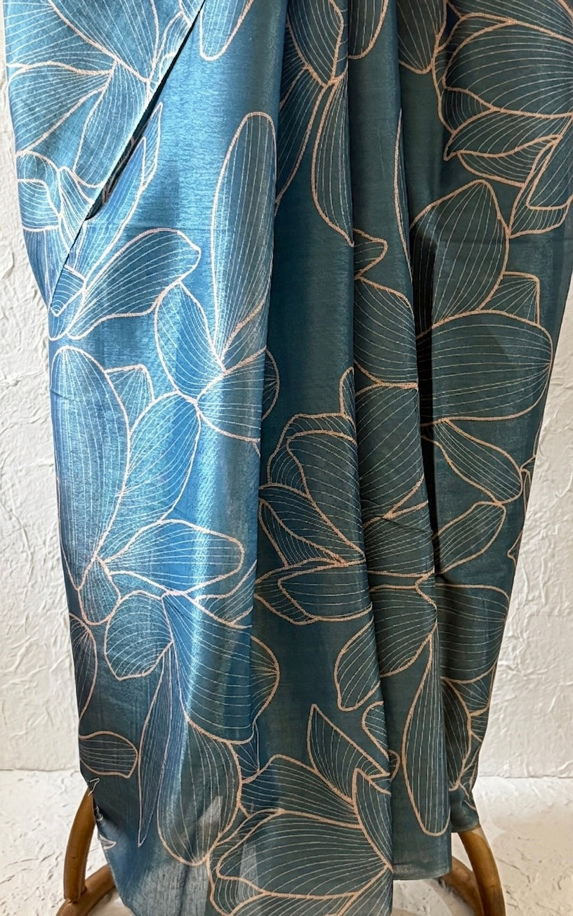 Dusk blue Floral Tussar silk saree