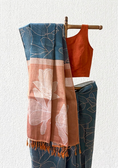 Dusk blue Floral Tussar silk saree