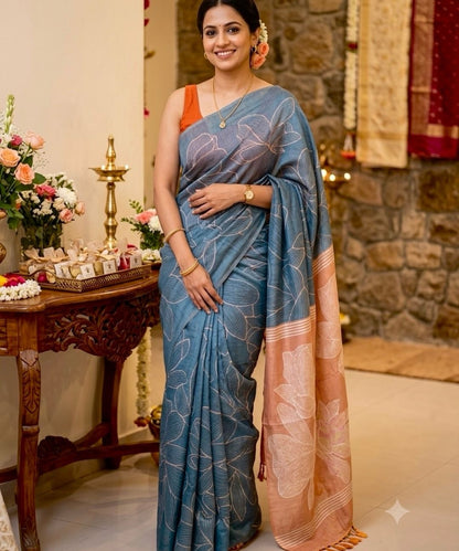 Dusk blue Floral Tussar silk saree