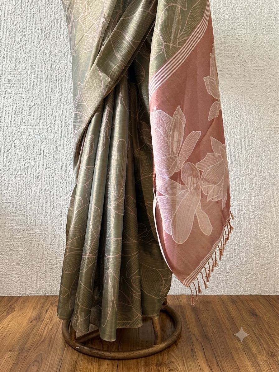 Olive Rust Tissue silk floral saree