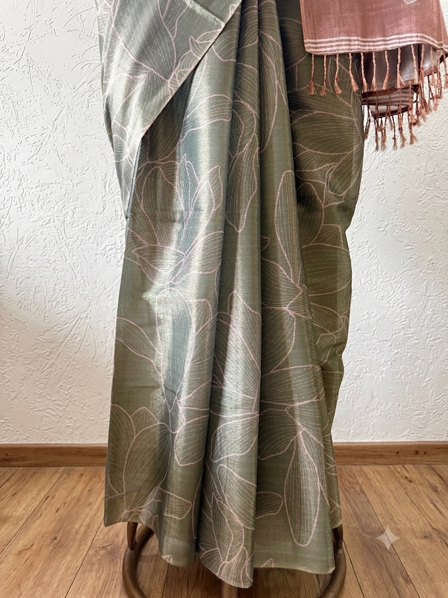Olive Rust Tissue silk floral saree