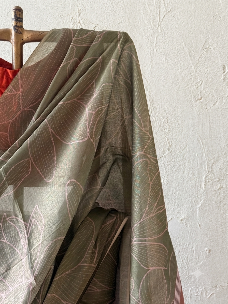Olive Rust Tissue silk floral saree