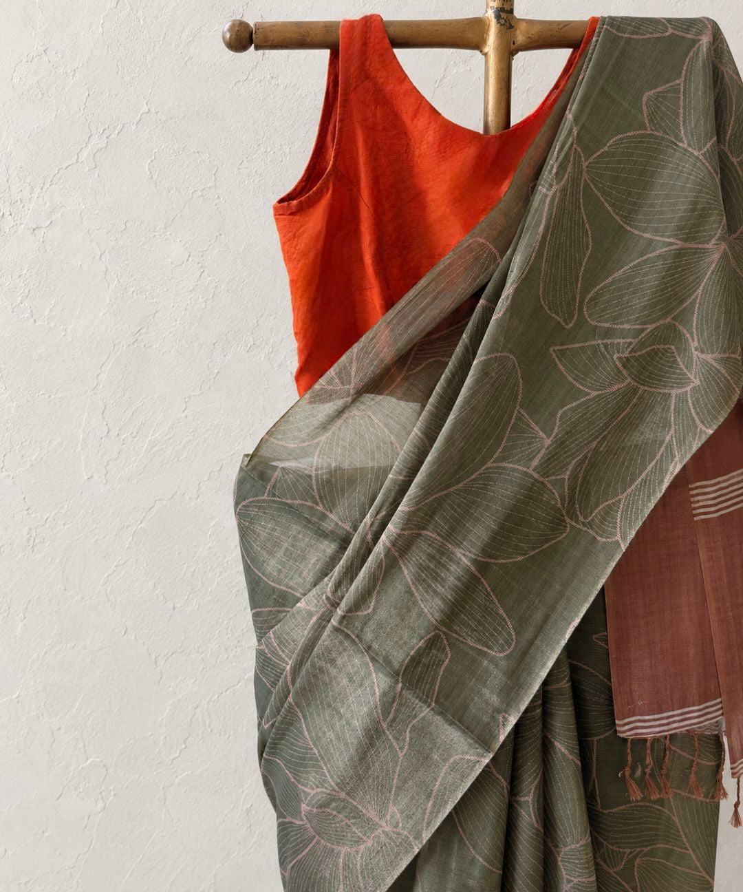 Olive Rust Tissue silk floral saree